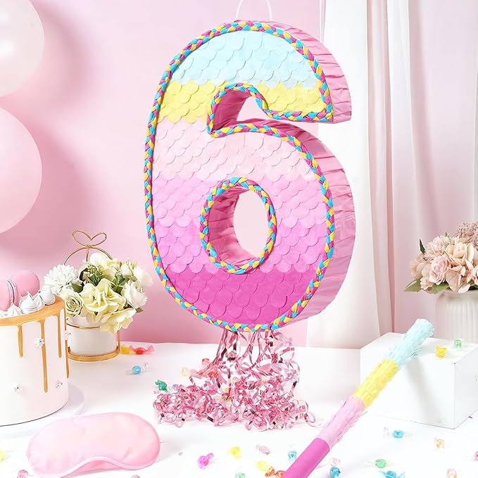 WERNNSAI Number 6 Piñata – Pink 6th Birthday Party Decorations for Kids Girls Rainbow Ombre Six Piñata with Blindfold and Stick for 6 Year Birthday Supplies Princess Anniversary Decoration