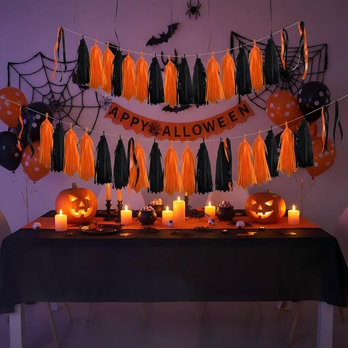 20Pcs Black and Orange Paper Tassel Garland,Tissue Tassel Banner for Halloween Party Decorations