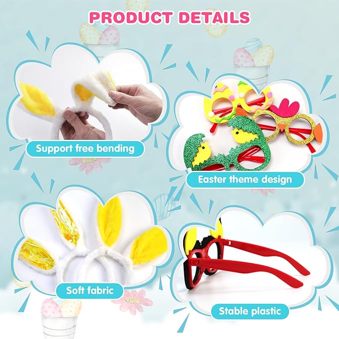 18PCS Easter Headbands Set – Bunny Ears & Glasses Frame Kit with Chick Egg Decor, Party Favors Photo Booth Props for Kids Adults