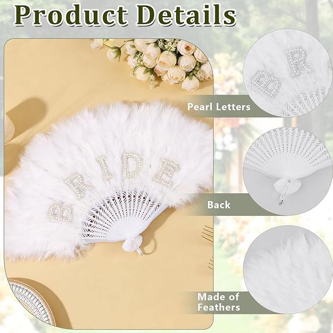 CUBACO Bride to be and Bridesmaid Hand Fan Foldable, Wedding Bachelorette Party Decorations and Bridal Shower Gifts White Feather Lace Fan Suitable for Engagement Bachelorette Outfit Bulk