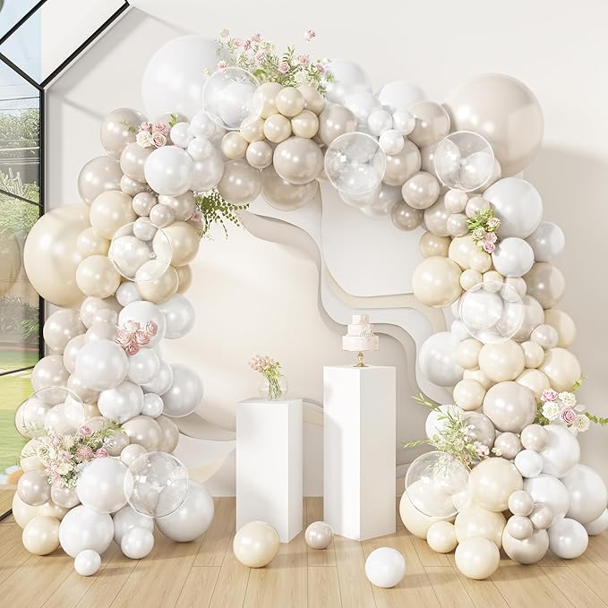 Amandir 173 Pcs Pearl White Balloon Arch Garland Kit, Double-Stuffed Pearl Ivory White Sand Clear Balloons for Wedding Bridal Shower Engagement Anniversary Birthday Party Decorations