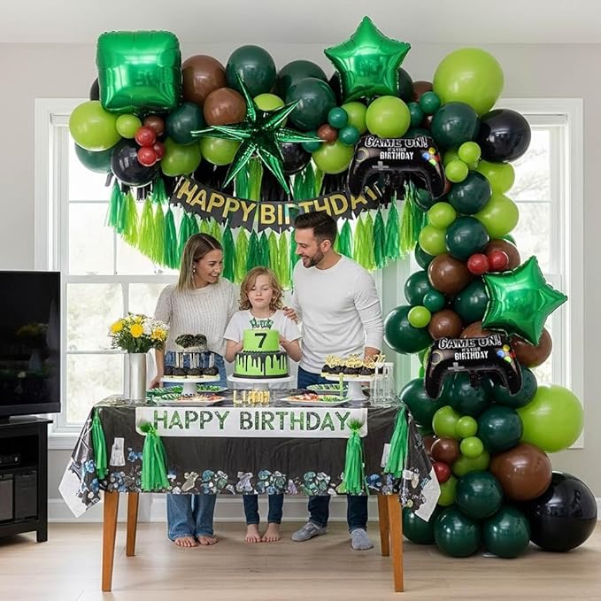 Video game Balloon garland kit 135pcs Green Black brown balloons with Controller Star mylar balloons Gamer night Decorations For Boy gaming birthday party supplies