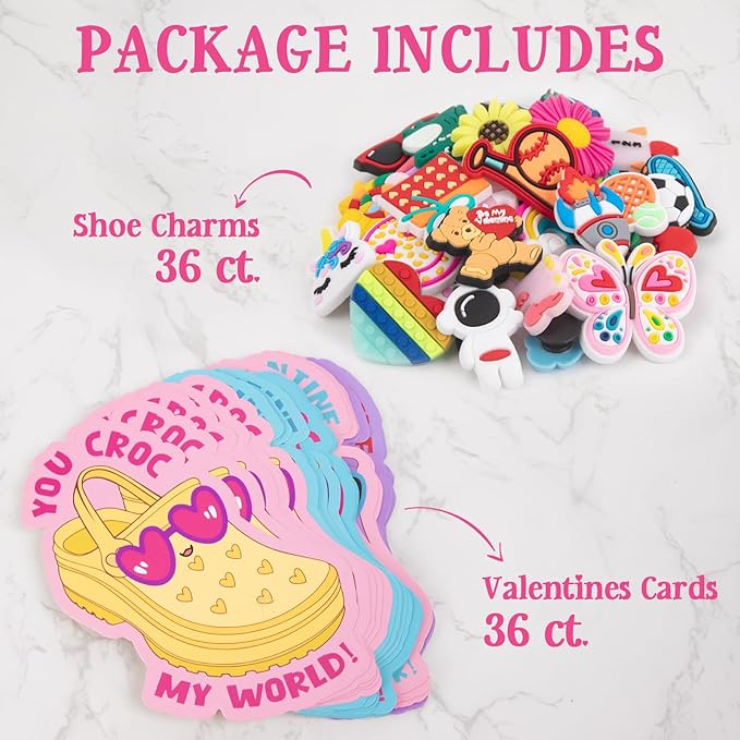 Valentines Day Cards for Kids School - Valentines Gifts for Kids - 36 Valentine Cards with Shoe Charms Bulk - Funny Valentine Exchange Card for Boys Girls Toddler Class Classroom Gift Party Favors