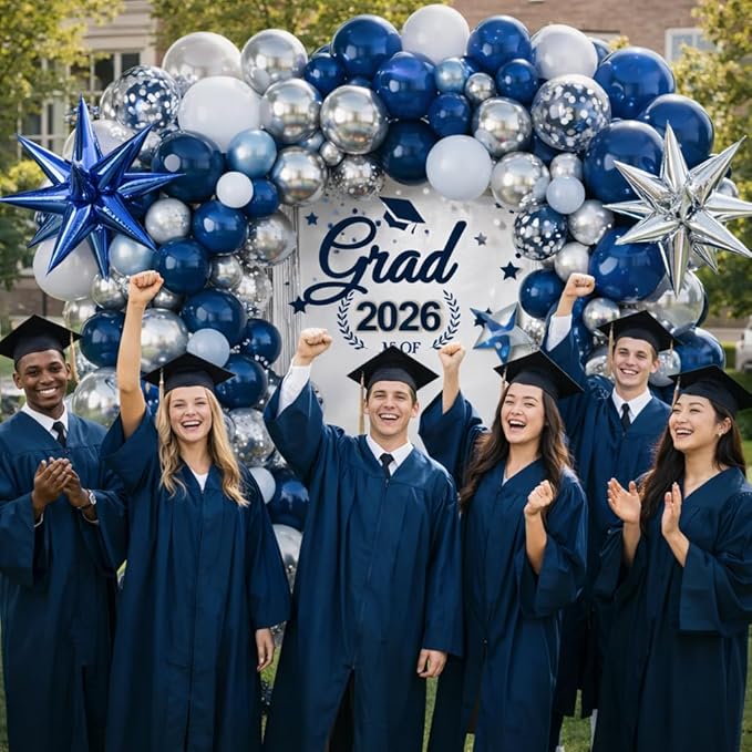 152 pcs Blue White Silver Balloon Garland Arch Kit,Navy Blue Silver Confetti Balloons with Exploding Star Balloons for Graduation Class of 2026 Birthday Wedding Retirement Party Decorations