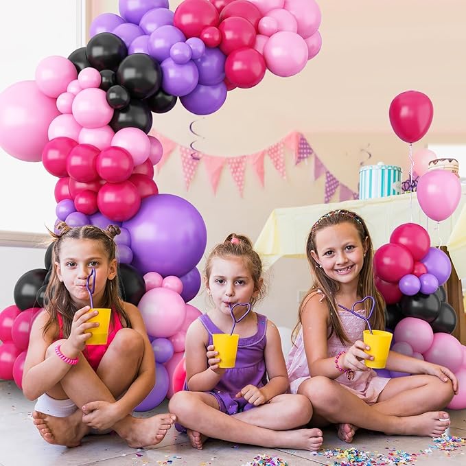 Hot Pink and Purple Balloon Arch Garland Kit, Rose Red Black Pink Purple Latex Balloon, Party Balloons for Girls Boys Birthday Party Decor Supplies