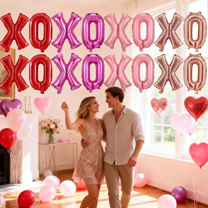 16 Pcs XO Valentines Balloons, 16 Inch Red Pink XOXO Letters Foil Mylar Balloons Banner Valentine Day Balloon Decorations for Romantic Galentines Day Bridal Shower Engagement Anniversary Party Decor