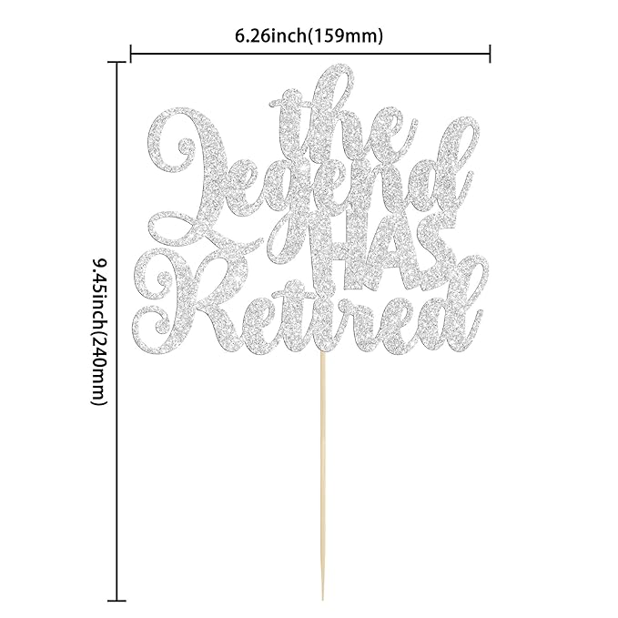 Gyufise 1Pc The Legend Has Retired Cake Topper Glitter Going Away Cupcake Pick for Happy Farewell Retirement Theme Party Cake Decorations Supplies Silver