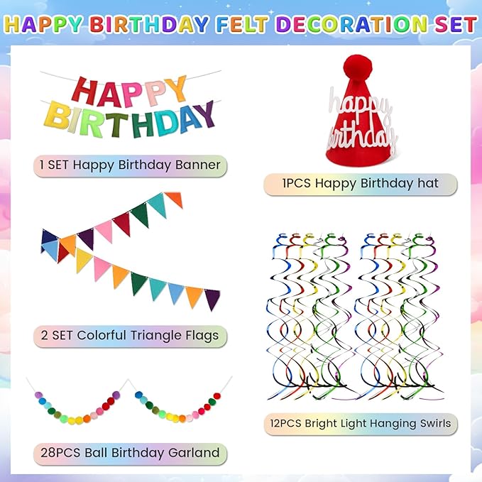 Pre Strung Happy Birthday Banner Set - Felt Ball Garland, Felt Birthday hat and Pennant Flags & Colorful Hanging Swirl, Reusable Rainbow Party Decorations for Kids & Adults
