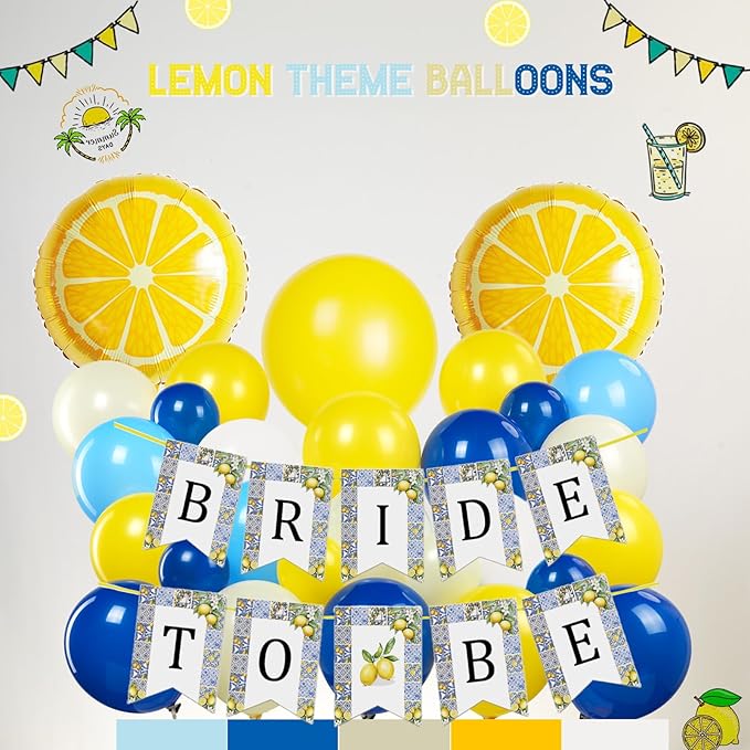 Lemon party decorations with Royal Blue Yellow White balloon arch kit Lemon foil balloons Banner Backdrop for bachelorette bridal shower capri italian amalfi coast wedding Bride to be decorations