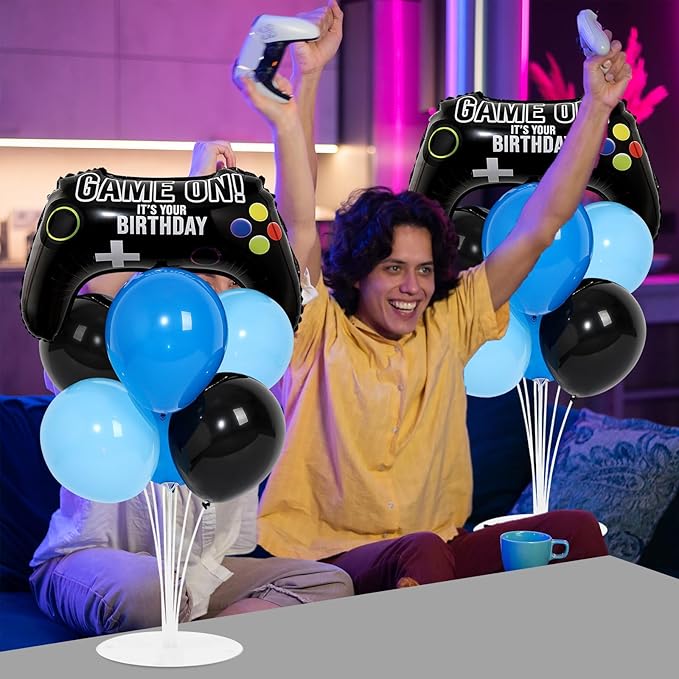 4 Sets Video Game Birthday Party Balloons Stand Kit with Game Handle Foil Balloons Black Blue Party Ball Balloon Centerpiece for Tables for Boy Girl Video Gamer Gaming Birthday Baby Shower Decoration