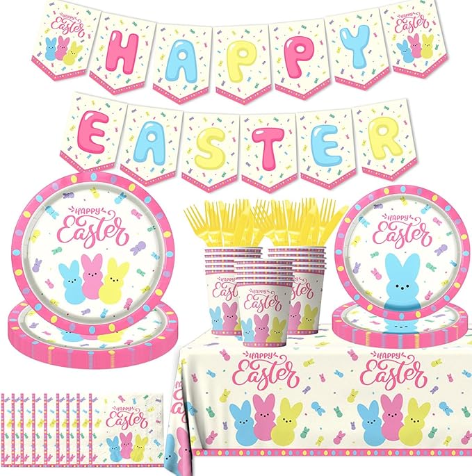 Easter Party Supplies,142Pcs Easter Party Plates,Napkins,Tablecloths Spring Colorful Bunny Tableware Decoration for Spring Holiday Party Favors