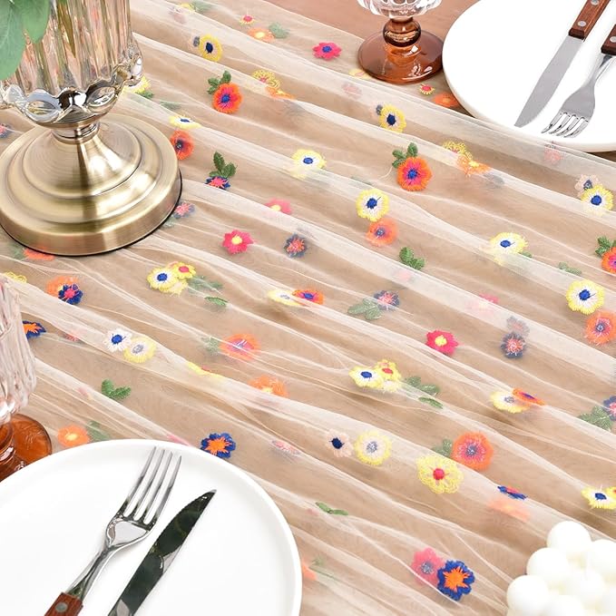 Joanlody 3pcs Champagne Embroidery Daisy Spring Summer Table Runner 10ft Florals Seasonal Easter Tulle Table Runner Holiday Kitchen Dining Table Decoration for Home Party Indoor