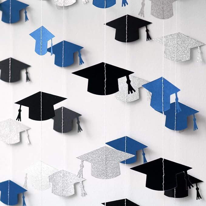 Blue and Silver Graduation Garland Graduation Party Decorations Class of 2026 Grad Cap Garland Banner Streamers for Grad Party Hanging Decorations 39Feet