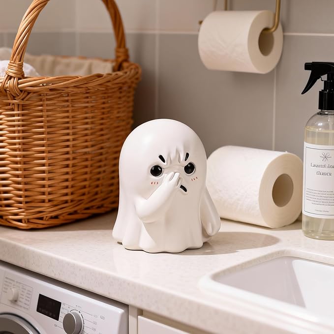 Holding Nose Small Ghost Figurine - Cute Ghost Decor Bathroom Statue, Halloween Decorations Indoor for Desk Porch Mantel Bathroom Shelf Spooky Home Decor, Funny Goth Gifts(Resin)