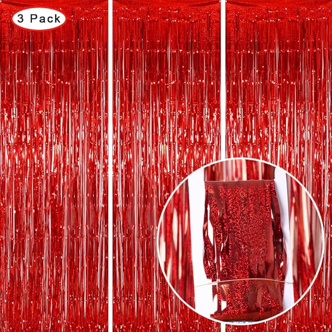 3 Pack Fringe Curtains Party Decorations,Tinsel Backdrop Curtains for Parties,Photo Booth Wedding Graduations Birthday Christmas Event Party Supplies (Red)
