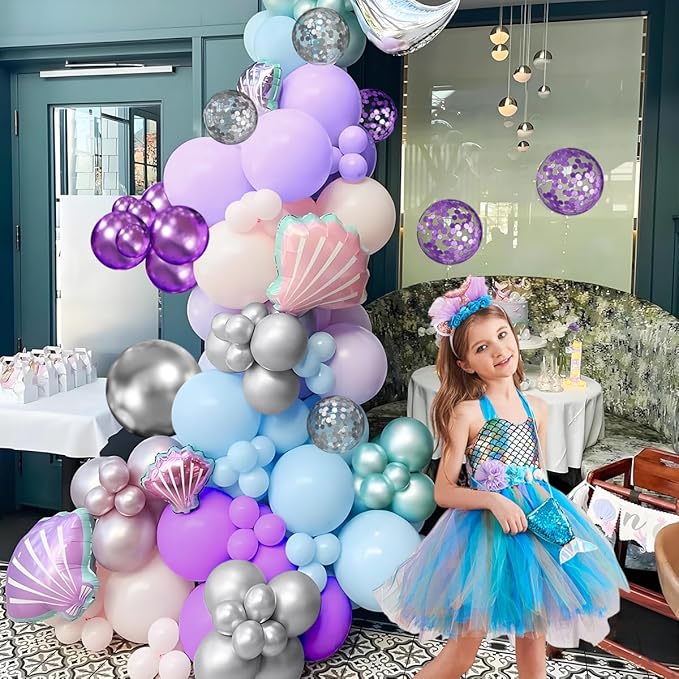 Purple Silver Balloon Arch Kit, 147PCS Pastel Purple Matte Lavender Violet Metallic Lilac Silver Confetti Balloons Garland for Baby Girl Princess Party Birthday