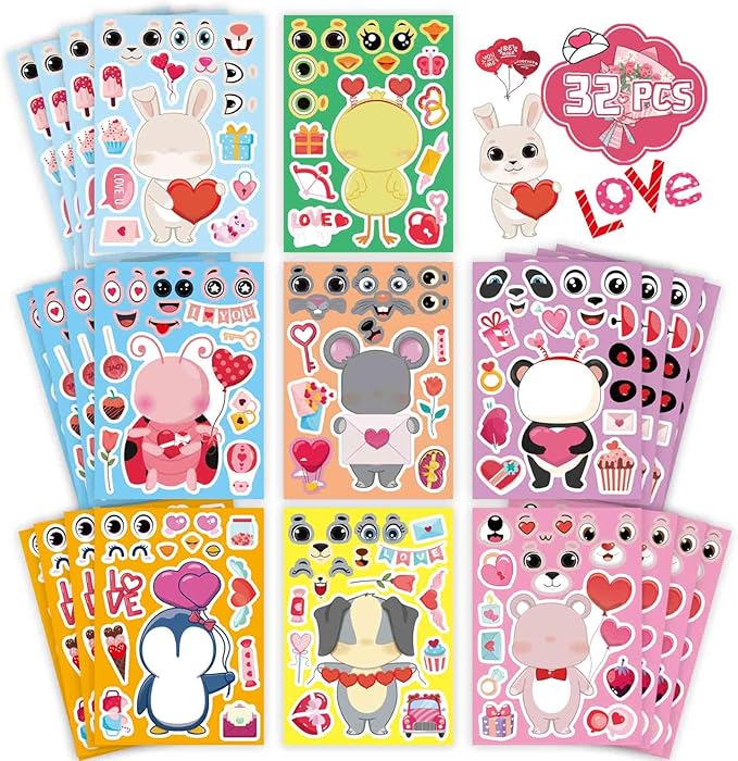32 Sheets Valentine Stickers for Kids, Valentines Crafts Heart Love Sticker Make a Face Stickers, Make Your Own Animal Stickers Valentines Gifts for Kids Classroom Valentine Goodie Bags Party Favors