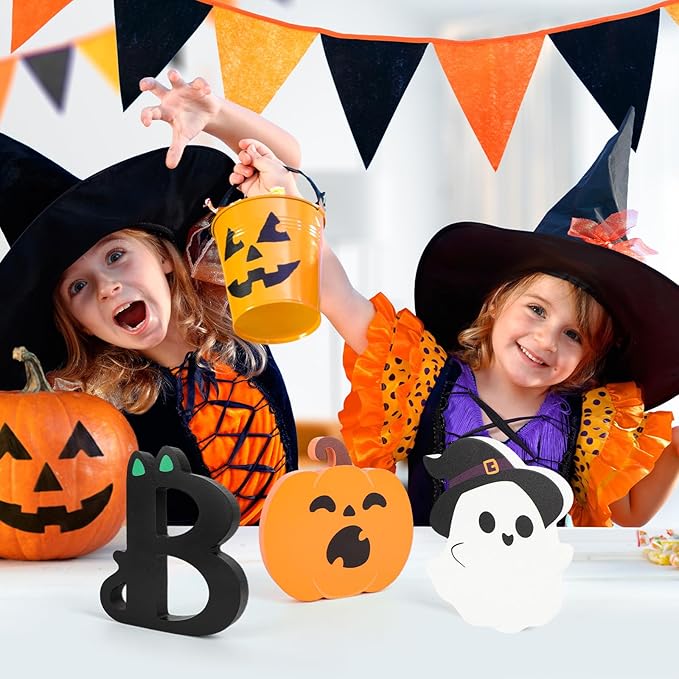 COCHIE BOO Signs Halloween Table Decorations Indoor, Retro Halloween Black Orange Tiered Tray Decor Set of 3, Wooden Happy BOO Day Decoration Sign for Party Home Shelf Display (Cute)