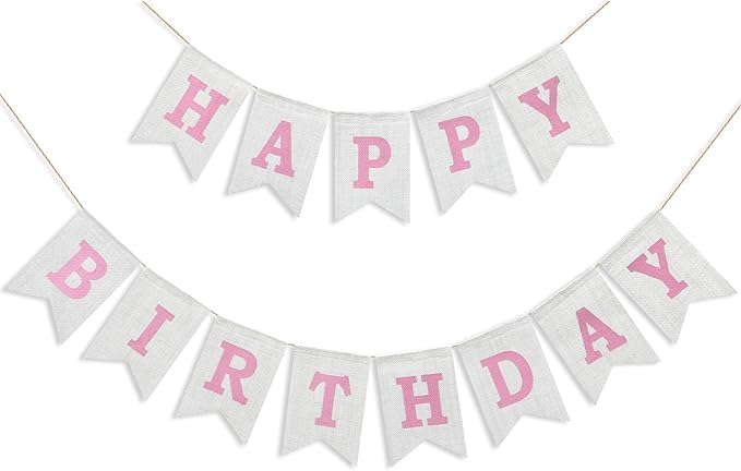 Happy Birthday Banner - Pre‑Strung Burlap Birthday Decorations and Reusable Birthday Sign for Men, Women & Kids | Party Supplies Backdrop (Pink)