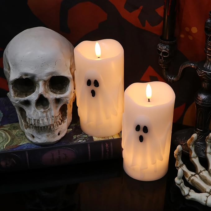 Halloween Ghost Flameless Pillar Candles with Remote Timer, Battery Operated LED Candles for Halloween Decorations Indoor Halloween Home Decor Gifts (2 Pack, 3” x 6.5”)