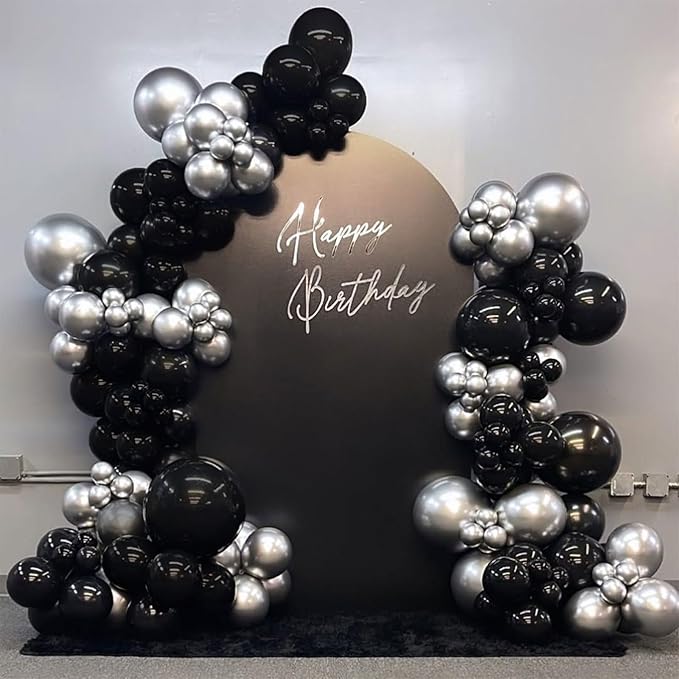 Black and Silver Balloons Garland Arch Kit 144pcs 18/12/10/5inch Black and Metallic Silver Latex Balloons for Birthday Graduation Wedding Retirement Anniversary Baby Shower New Years Party Decorations