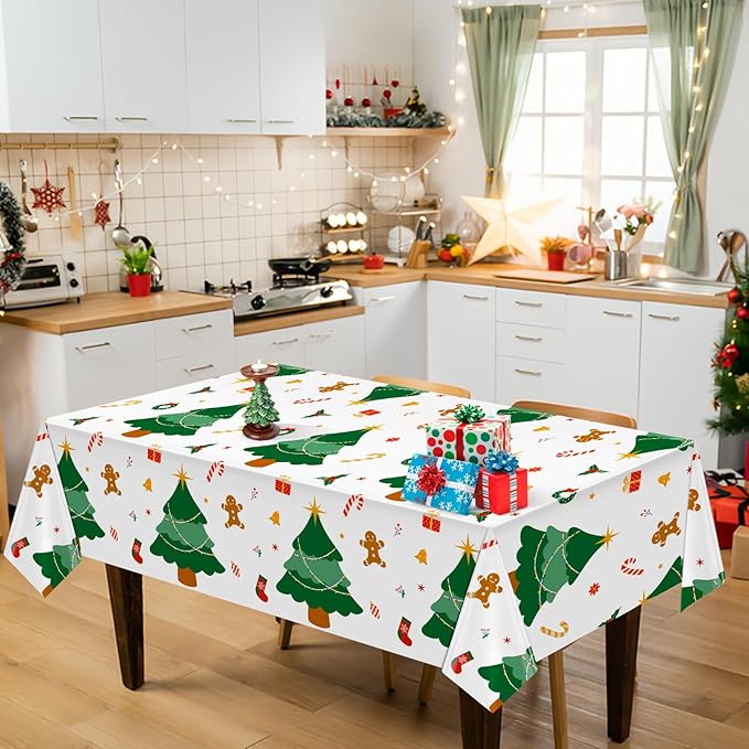 Hxezoc 3 Pack Disposable Plastic Christmas Tree Tablecloth, 54 x 108 Inches Christmas Party Table Cover for Xmas Winter Holiday New Year Home Dinner Decorations