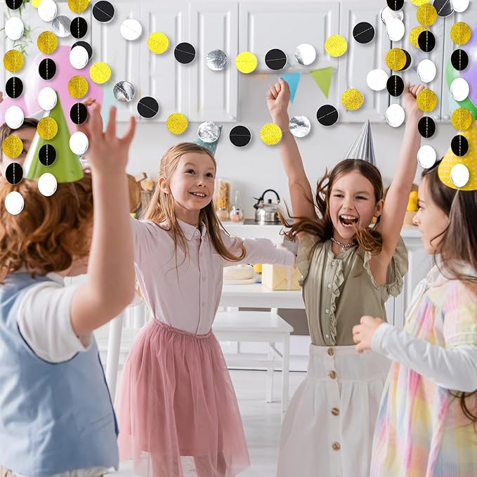 Syhood 10 Pcs Party Decorations Paper Dot Circle Garlands Glitter Streamers Hanging Banner Decor for New Year Baby Shower Wedding Birthday Backdrop Supplies (Black Gold and Silver)