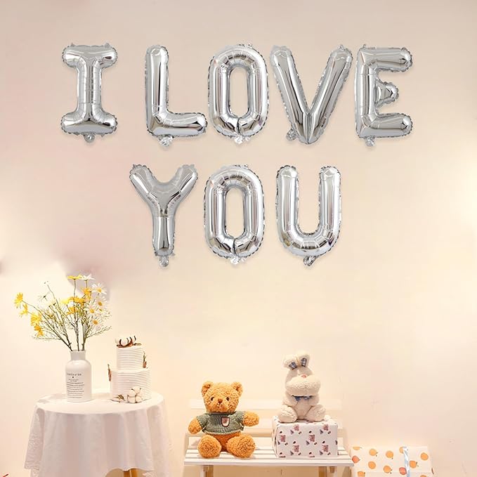 2 Set 16Pcs Silver I LOVE YOU Letter Balloons 16in Balloon Foil Letter Decorations Party Decor Silver Letter Balloons I LOVE YOU Party Supplies