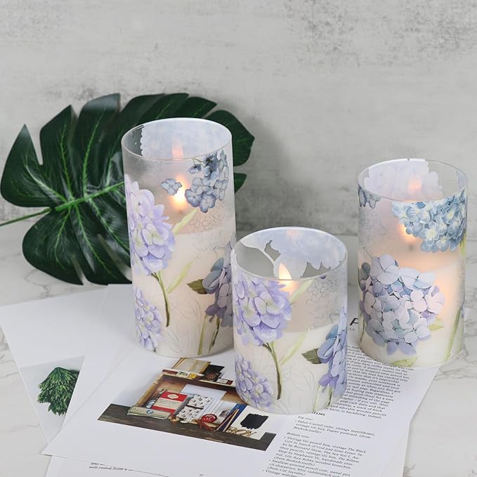 Hydrangeas Decals Glass Flameless Candles with Remote Timer, Battery Led Pillar Candles Flickering Real Wax Pack of 3 for Mother's Day Gift, Spring Dinner Home Decor, Φ 3" H 4" 5" 6"
