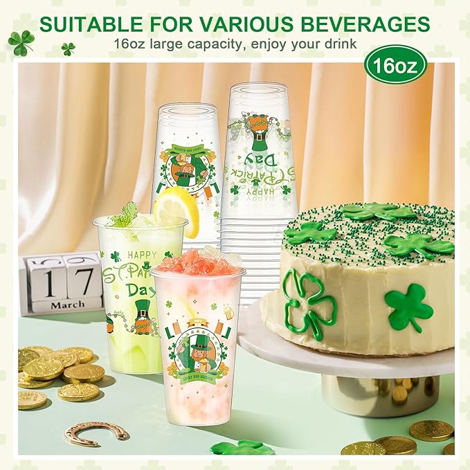 St. Patrick's Day Disposable Cup 50 Pcs 16 oz Irish Festival Plastic Cups. St. Patrick's Day Lucky Shamrock Green Plastic Disposable Cup. St Patty's Day Party Decor Supplies for Beer Beverage