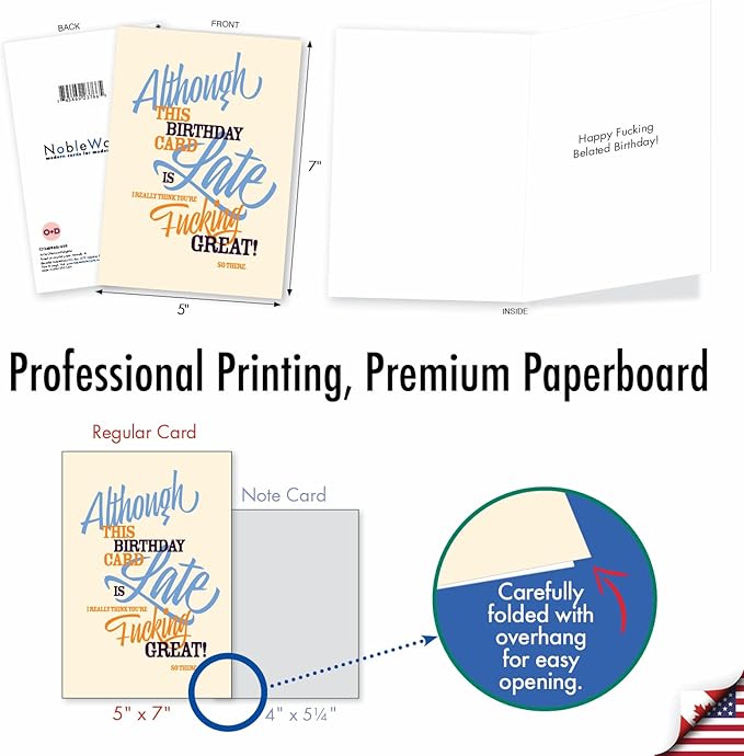 NobleWorks - 1 Funny Belated Happy Birthday Greeting Card - Sassy Bday Card, Stationery Humor - Late Card C7348BEG