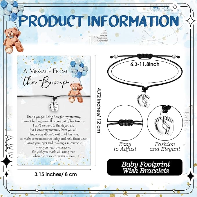 Thyle 25 Set Blue Bear Baby Shower Favors for Guests Adjustable Bracelets with Message from The Bump Card Footprints Charm Baby Shower Bracelets for Gender Reveal Thank You Gifts