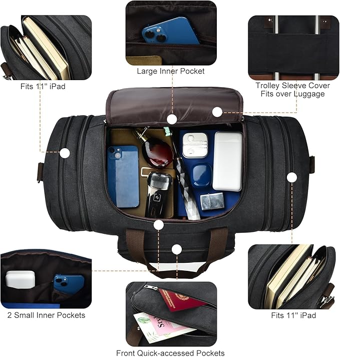 Litvyak Duffle Bag for Travel, 50L Canvas Travel Duffel Bags Overnight Weekend Gym Carry On Luggage Bag for Men & Women(Black)