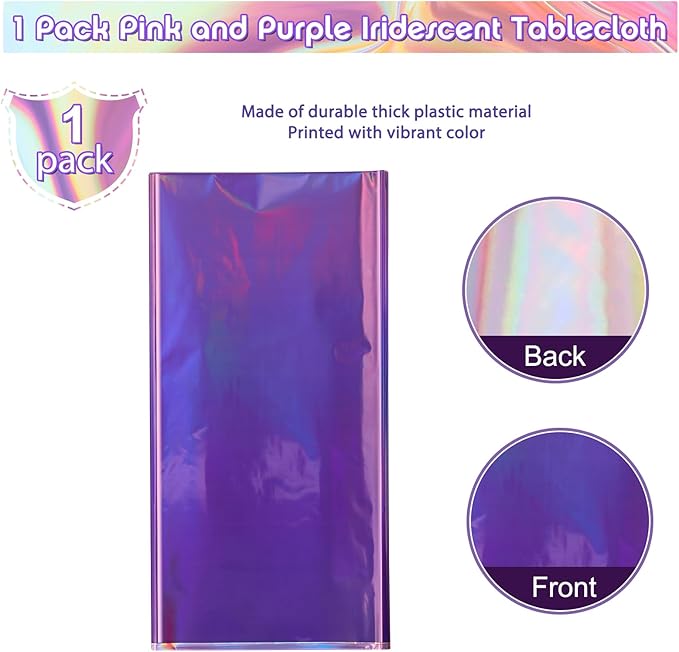 1 Pack Ombre Iridescent Pink and Purple Plastic Tablecloths, Shiny Disposable Laser Rectangle Table Covers Holographic Foil Tablecloth Iridescent Kpop Birthday Bridal Party Decoration, 54x108 Inch