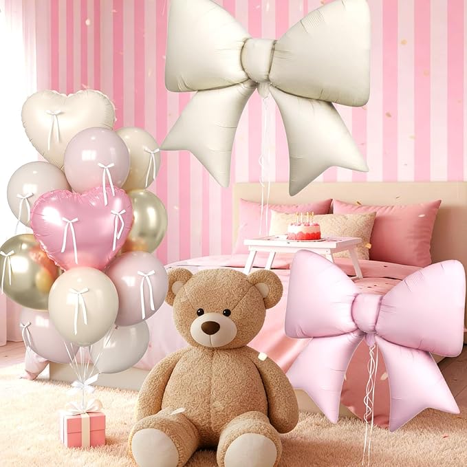 16Pcs Pink and Cream Heart Balloons, 38 Inch Bow Balloons, Dusty Pink Nude Champagne Gold Balloon and Bow Heart Shaped Foil Balloon for Birthday Wedding Bridal Baby Shower Valentines Day Decorations