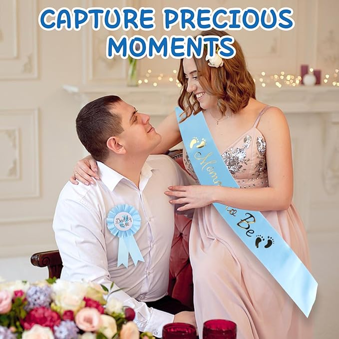 2 Pcs Baby Shower Decorations, Mommy to Be Sash and Daddy to Be Badge Set, It's a Themed Party Supplies for Baby Shower and Gender Reveal Decoracion (Blue 2 Pcs)