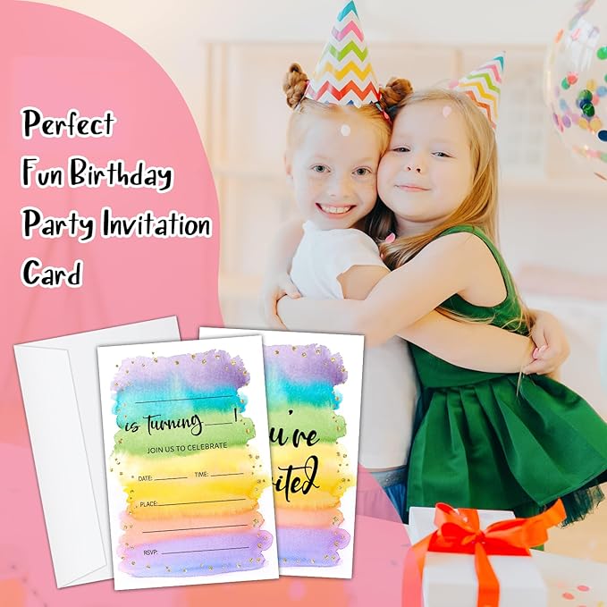 Colorful Birthday Party Invitation Cards for Women Men Kids, Watercolor Rainbow Glitter Birthday Celebration Party Invite Cards Supplies, 20 Double-Sided Fill In Invites With Envelopes -10