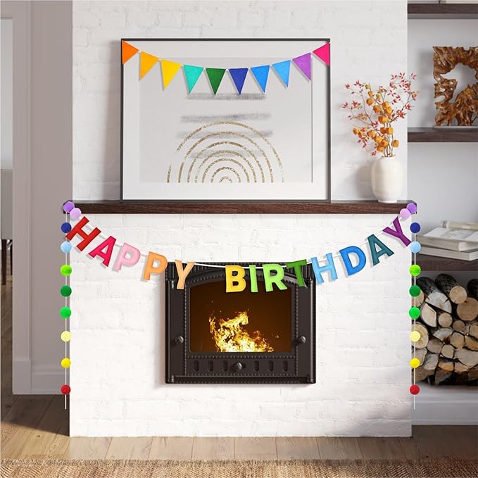 Pre-Strung 3D Happy Birthday Banner - Felt Ball Garland Happy Birthday Banner, Multicolor Rainbow Triangle Flags Reusable Party Decorations