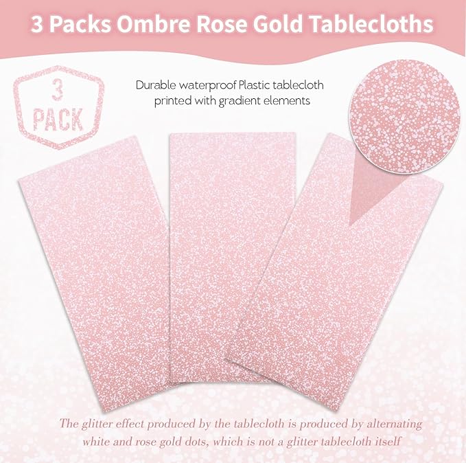 Kesfey 3 Packs Ombre Rose Gold Tablecloth 54 x 108 Inch Gradient Pastel Rose Gold Sequin Table Cloths Rectangle Disposable Plastic Rose Gold Sprinkle Glitter Table Cover for Birthday Party Decorations