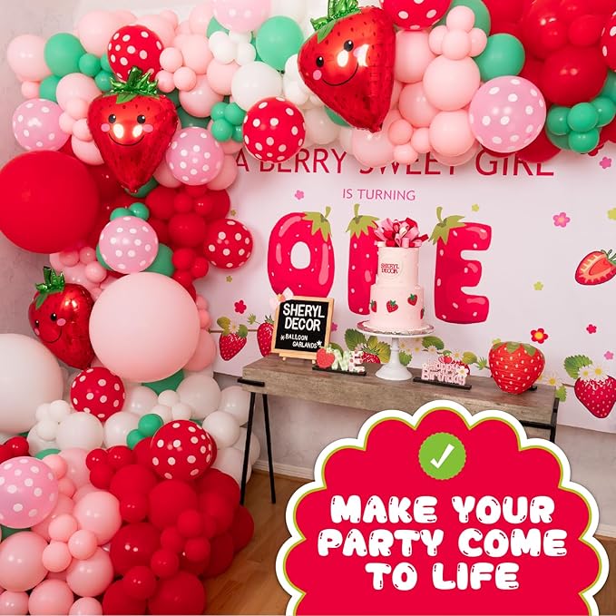 ALL-IN-1 Strawberry Balloon Arch Kit & Garland with BONUS Strawberry – Small and Large Red Pink Green Strawberry Balloons – Strawberry Shortcake Party Decorations Supplies for Birthday & Baby Shower