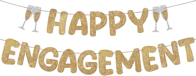 Breling Pre Strung Happy Engagement Banner Glitter Engagement Party Decorations for Congratulations Engaged Wedding Shower Signs Decor(Champagne Gold)
