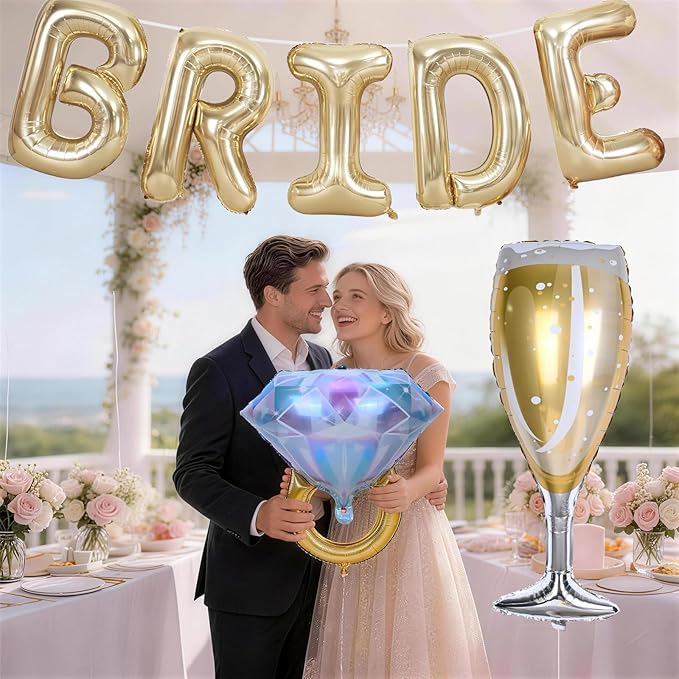 40inch Gold Bride Balloons Bachelorette, Bride To Be Bridal Shower Balloon Diamond Ring Champagne Glass Foil Balloons for Bachelorette Bridal Shower Engagement Wedding Hen Night Room Party Decorations