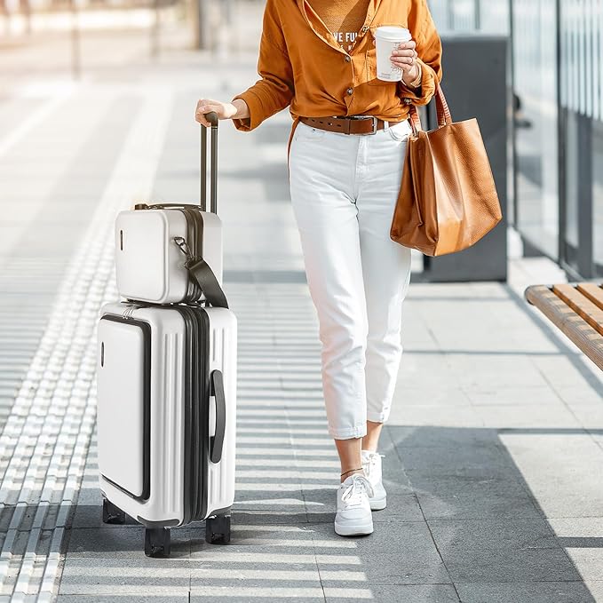 TRAVELARIM 20 Inch Carry On Luggage 22x14x9 Airline Approved, Carry On Suitcase with Wheels, Hard-shell Carry-on Luggage, Durable Luggage Carry On, White Small Suitcase with Cosmetic Carry On Bag