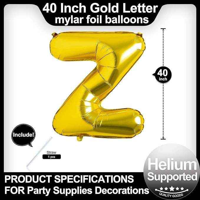 40 Inch Gold Letter Z Balloons, DIY Phrase Foil Alphabet Letter Z Balloons DIY Word Z Banner for Birthday Anniversary Celebration Graduation Party Supplies Decoration
