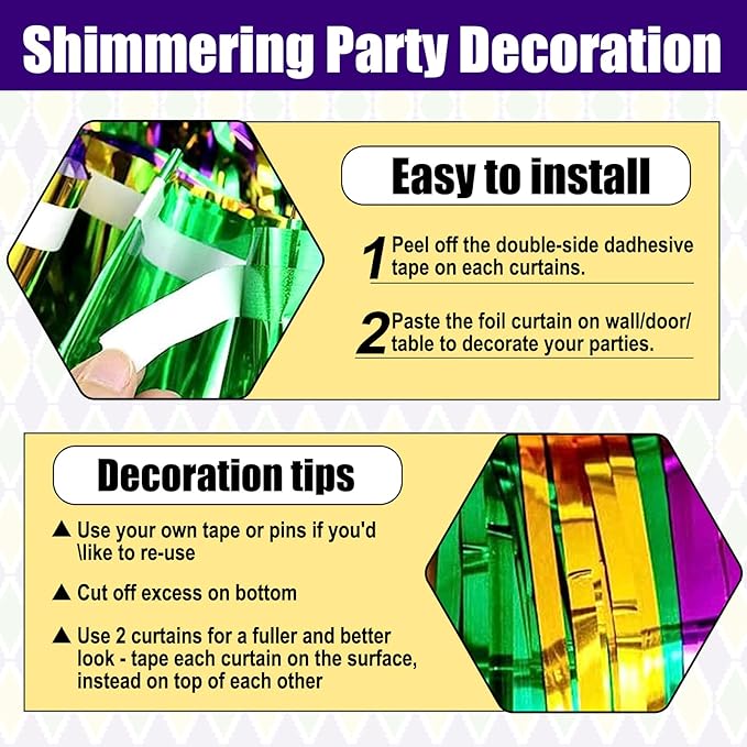 3 Pack Gold Green Purple Foil Fringe Curtain Backdrop, 3.28Ft x 6.6Ft Metallic Tinsel Foil Fringe Streamer Curtains for Photo Booth, Christmas Day, Thanksgiving, Wedding, New Year Party Decorations