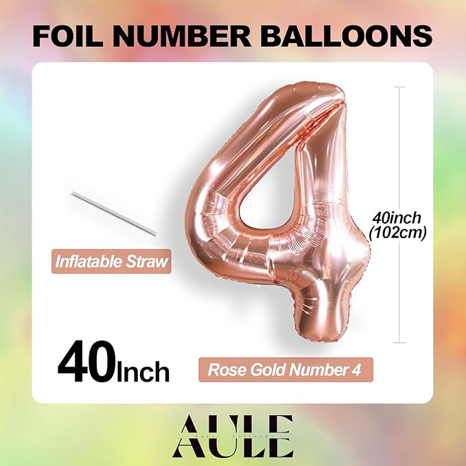 AULE 40 Inch Big Rose Gold 4 Balloon Number Large Foil Helium Number Balloons 0-9 Jumbo Giant Happy 4th Birthday Party Decorations for Boy or Girl Huge Mylar Anniversary Party Supplies