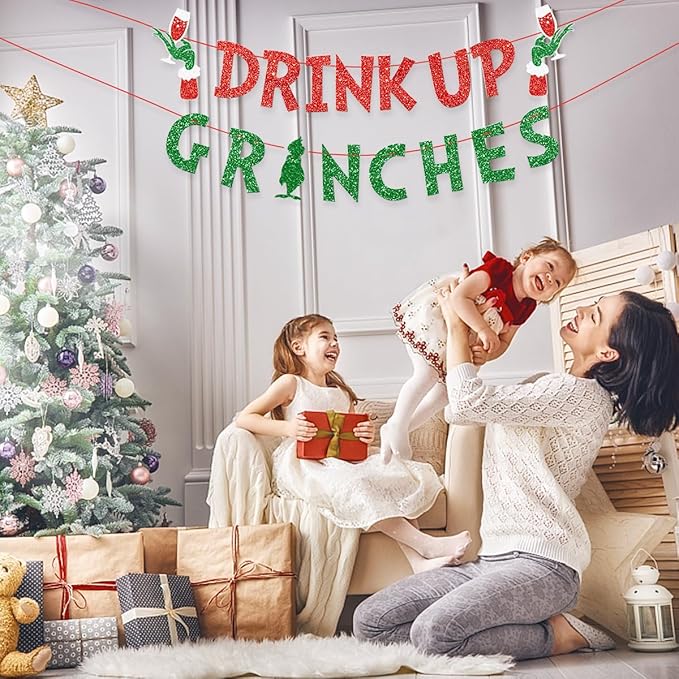 Christmas Banner Grinches Party Decorations Drink Up Banners Indoor, Glittery Christmas Decor Banner, Red Green Banner for Home Fireplace Decor