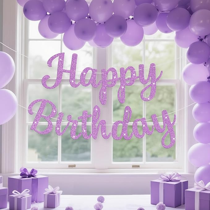 Glitter Happy Birthday Banner Sign Birthday Garland Wall Door Banners Flag for Women Men Boys Girls Party Backdrop Decorations Light Purple