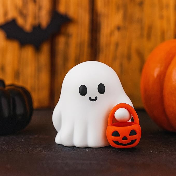 Halloween Ghost Figurine Cartoon Cute Spooky Carrying Pumpkin Basket Cute Halloween Office Desk Decor Display Ornament Tiny Trick or Treat Ghost Resin Statue for Home Supplies