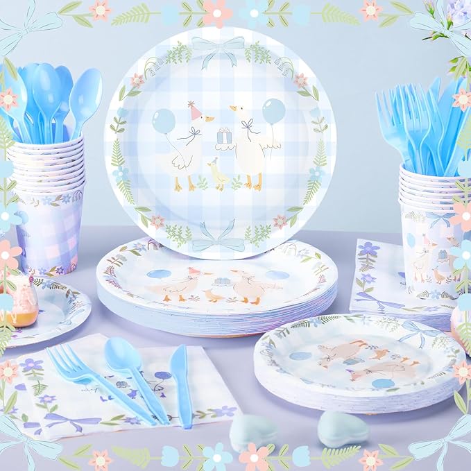 Havawish 175pcs One Silly Goose Birthday Party Tableware Set for 25 Guest Boy Blue Bow One Silly Goose Birthday Decor Baby Shower Plate Cup Napkin Fork Knife Spoon for 1st Party Decoration